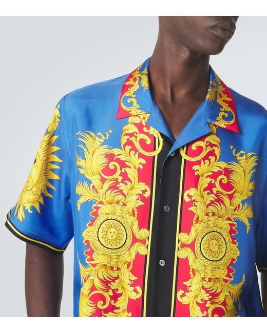 Versace Blue Printed Silk Bowling Shirt for men