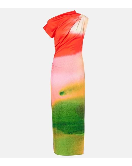 Oscar de la Renta Red Colorblock Draped Jersey Midi Dress