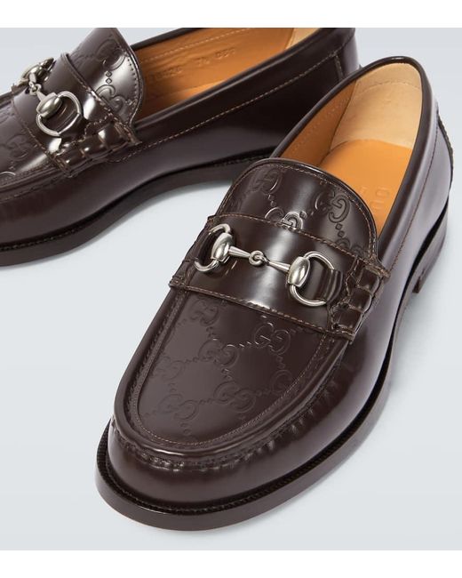 Gucci Brown Horsebit GG Debossed Leather Loafers for men