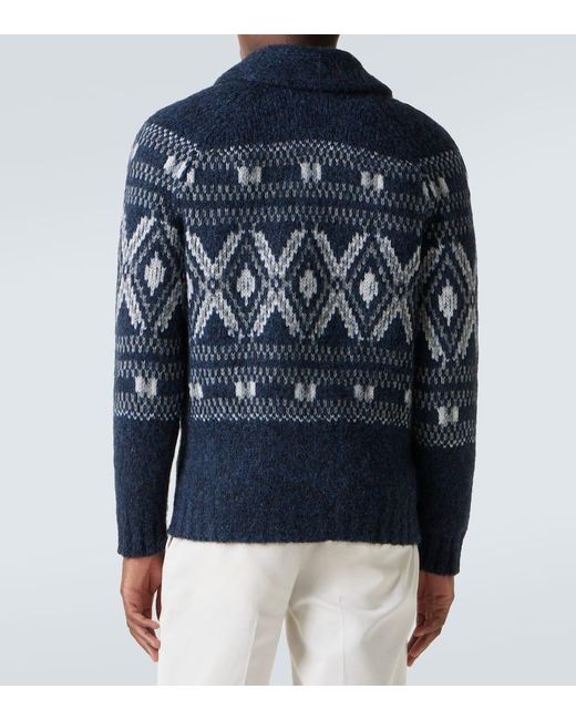 Brunello Cucinelli Blue Fair Isle Alpaca Wool-Blend Cardigan for men