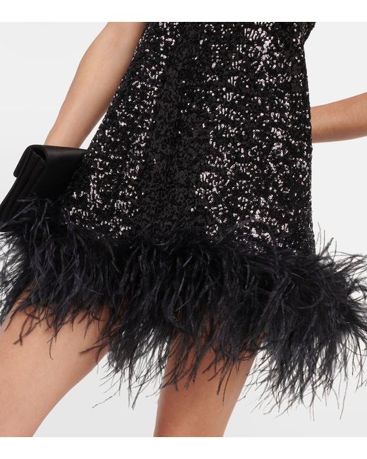 Oseree Black Paillettes Feather-trimmed Minidress