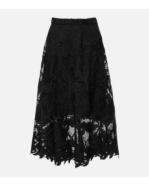 Oscar de la Renta Black Floral Guipure Lace Midi Skirt