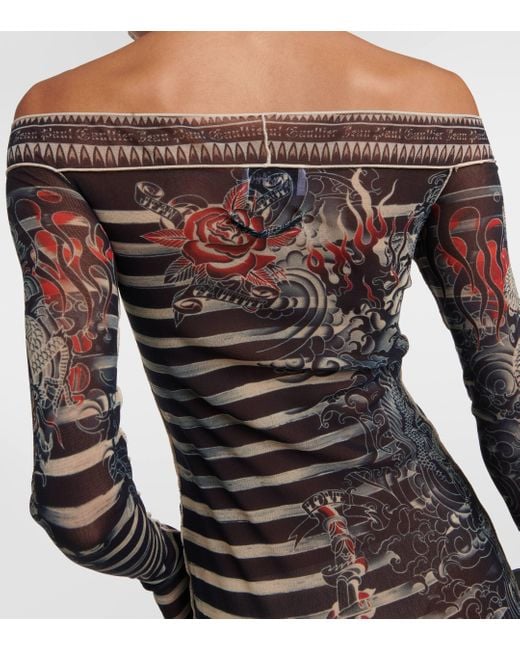Jean Paul Gaultier Gray Sailor Tattoo Printed Tulle Maxi Dress