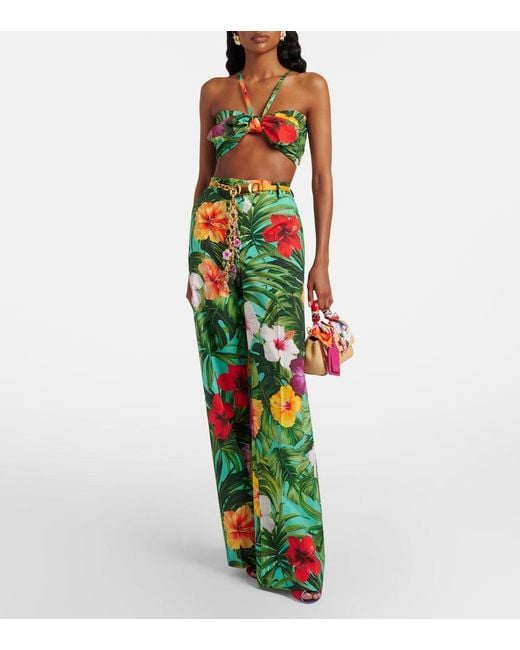 Dolce & Gabbana Green Floral Cotton Wide-Leg Pants