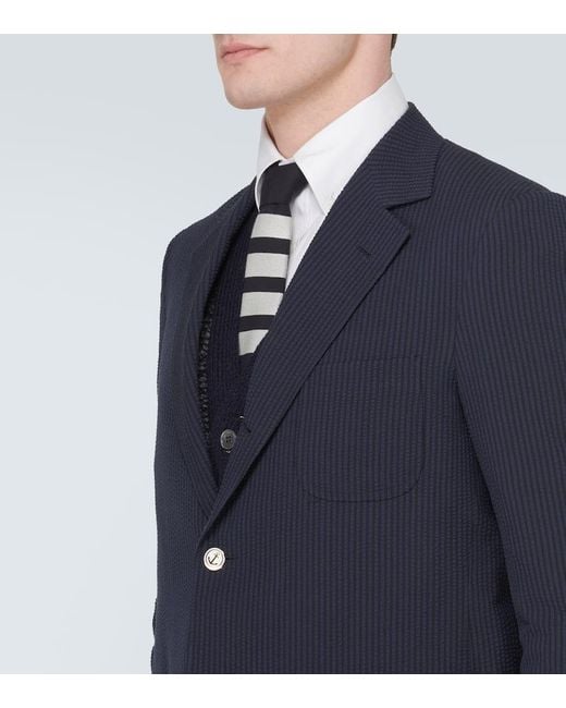 Thom Browne Blue Seersucker Wool Blazer for men