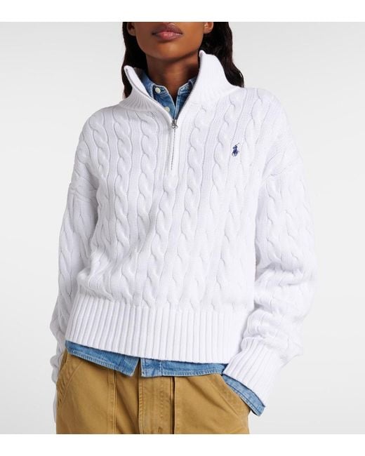 Polo Ralph Lauren White Logo Cable-Knit Cotton Half-Zip Sweater
