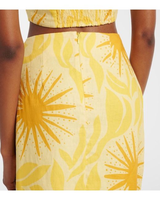 Cala De La Cruz Yellow Fabiana Printed Linen Midi Skirt