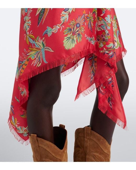 Etro Red Paisley Asymmetric Silk Twill Miniskirt