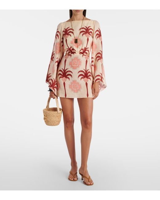 Johanna Ortiz Red Cutout Printed Linen Minidress