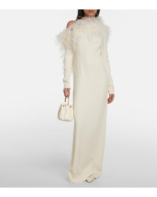 ‎Taller Marmo Natural Garbo Feather-trimmed Crepe Gown