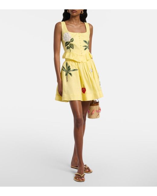 Agua Bendita Yellow Eslabon Floral-Applique Linen Crop Top