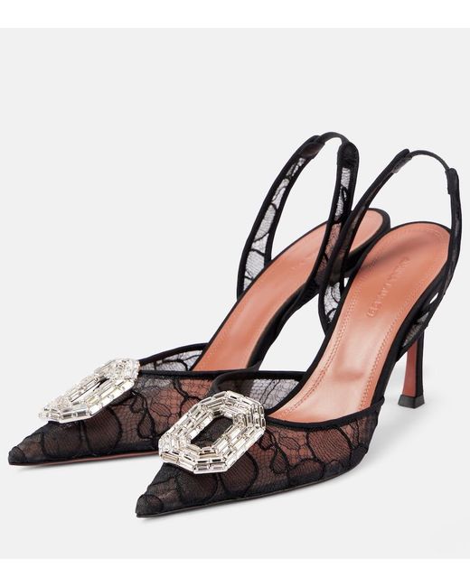 AMINA MUADDI Black Camelia 90 Lace Slingback Pumps