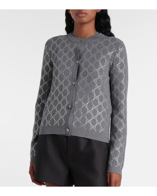 Gucci Blue Gg Embellished Wool Jacquard Cardigan