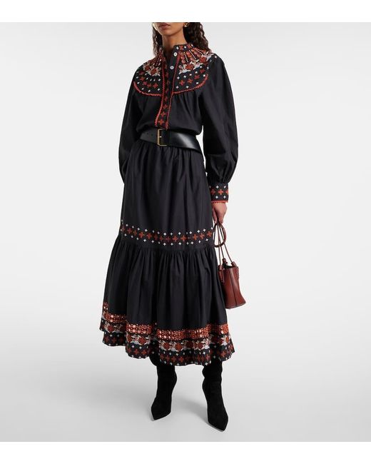 Farm Rio Black Embroidered Cotton Maxi Skirt