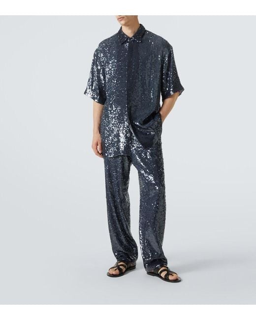 Dries Van Noten Blue Sequined Straight Pants for men