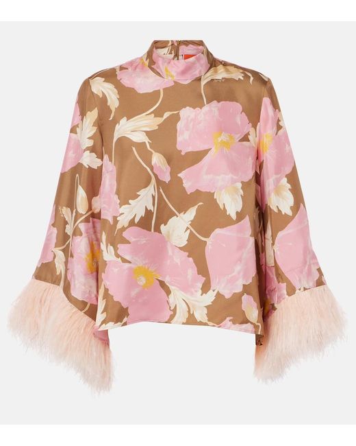 LaDoubleJ Pink Make An Exit Feather-Trimmed Silk Top