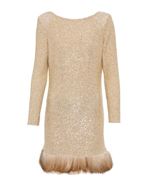 Saint Laurent Feather-trimmed Sequined Minidress in Beige (Natural) - Lyst