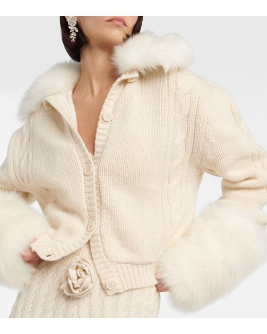 Magda Butrym White Cropped Faux Fur-trimmed Cardigan