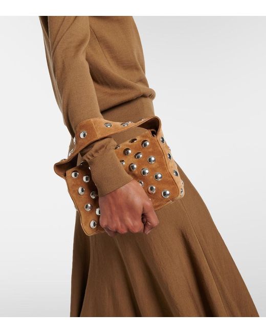 Khaite Brown Elena Small Studded Suede Shoulder Bag