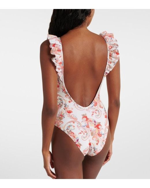 Etro White Ruffled Paisley Swimsuit