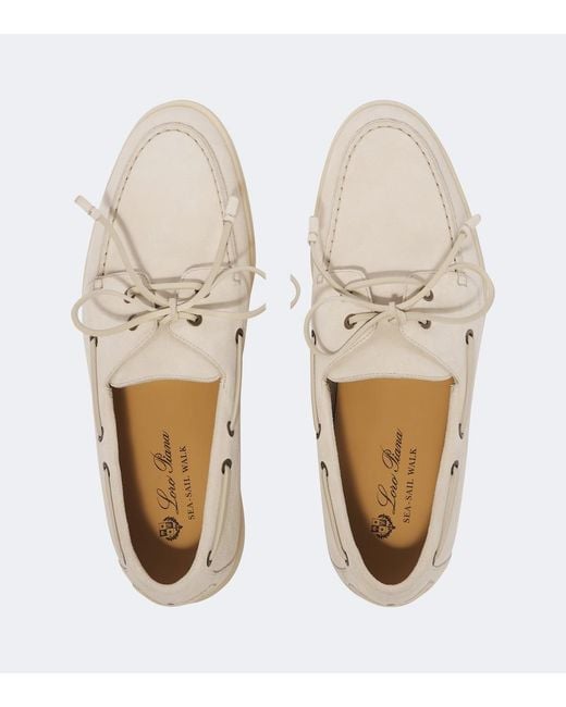 Loro Piana White Sea-Sail Walk Suede Boat Shoes for men