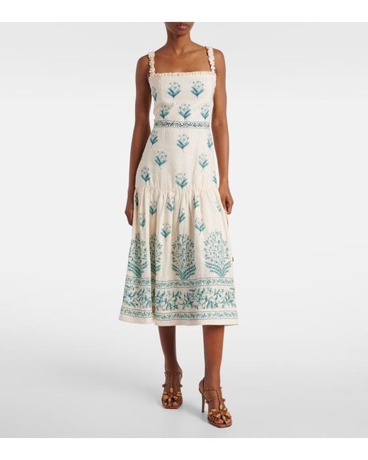Agua Bendita White Nispero Ceiba Floral Linen Midi Dress