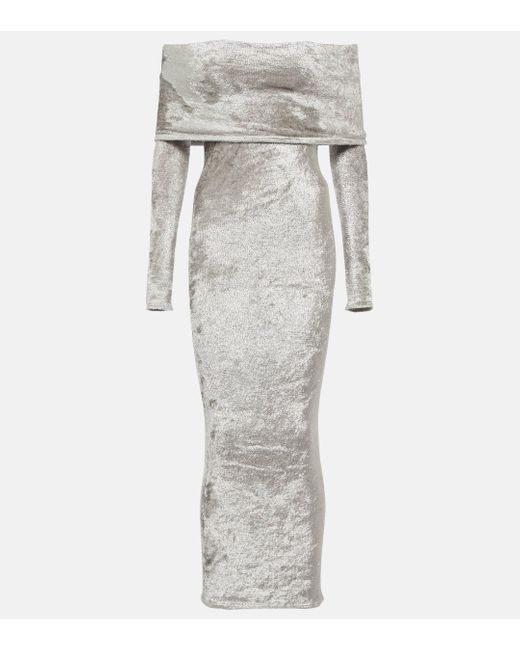 Alaïa Gray Off-shoulder Velvet Midi Dress