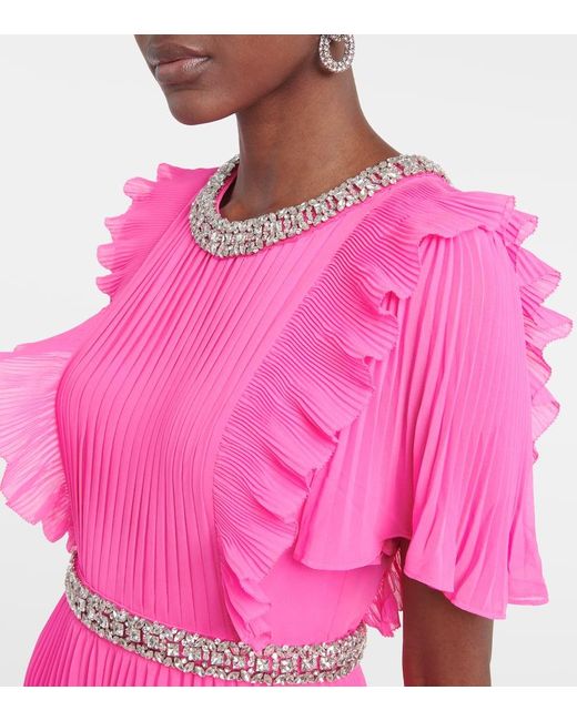 Self-Portrait Pink Embellished Plisse Chiffon Maxi Dress