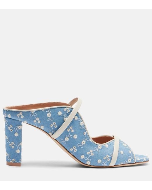 Malone Souliers Blue Norah 70 Leather-Trimmed Denim Mules