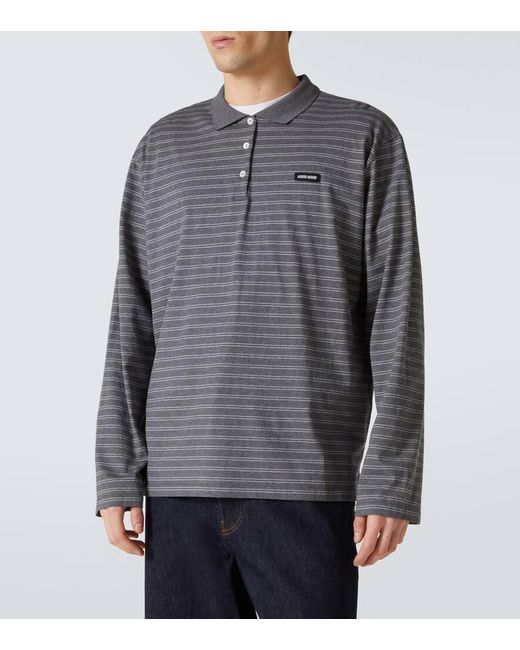 Miu Miu Gray Striped Cotton Jersey Polo Shirt for men