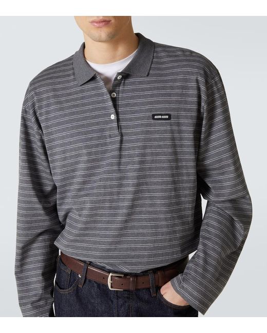 Miu Miu Gray Striped Cotton Jersey Polo Shirt for men
