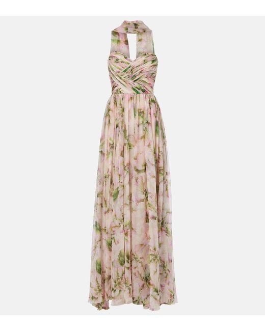 Monique Lhuillier Metallic Floral Silk Chiffon Gown