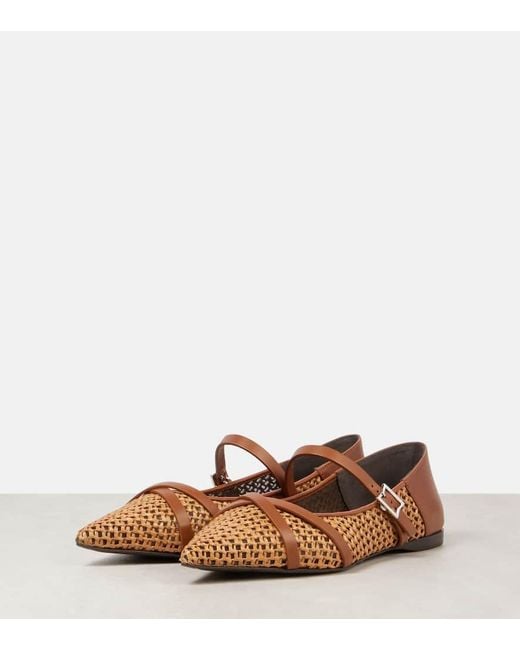 Max Mara Brown Woven Leather-Trimmed Mary Jane Flats