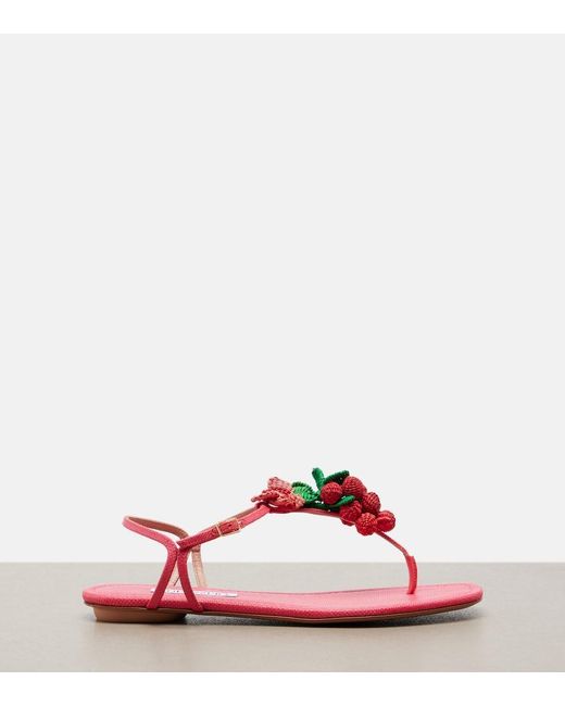 Aquazzura Pink Berry Raffia-Effect Thong Sandals