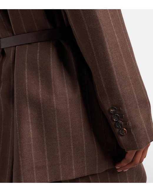 Brunello Cucinelli Brown Belted Pinstriped Virgin Wool Blazer