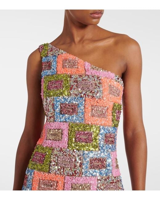 ‎Taller Marmo White Sequined One-Shoulder Gown