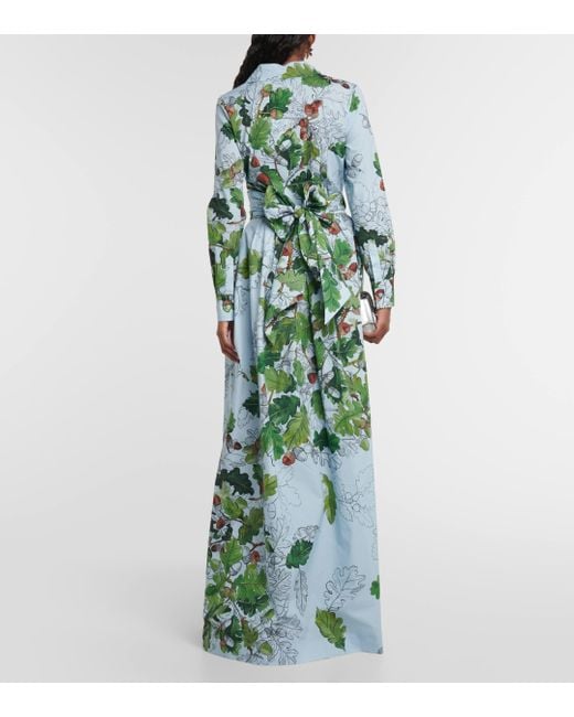 Oscar de la Renta Green Printed Cotton-blend Shirt Maxi Dress
