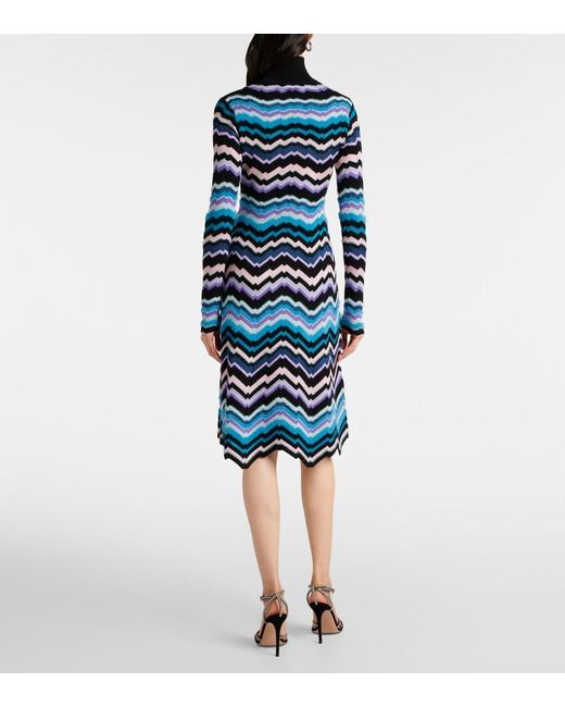 Missoni Blue Zigzag Knitted Turtleneck Midi Dress