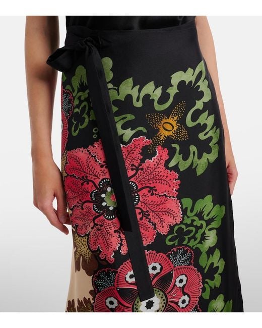 LaDoubleJ Black Sarong Floral Silk Twill Wrap Skirt