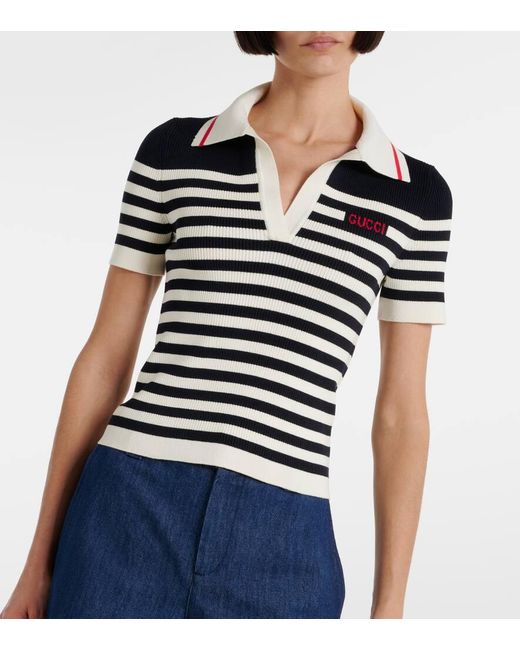 Gucci Blue Logo Striped Cotton-blend Polo Shirt