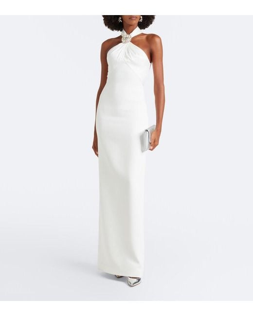David Koma White Embellished Halterneck Satin-Trimmed Gown