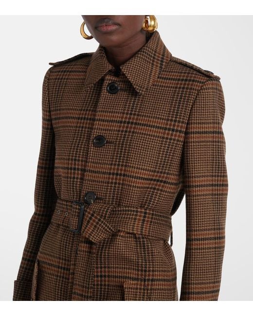Saint Laurent Brown Belted Prince Of Wales Wool Coat
