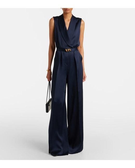 Max Mara Blue Elegante Belted Satin Jumpsuit