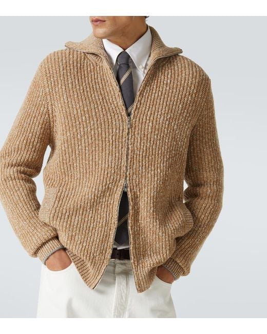 Brunello Cucinelli Natural Zip-Up Wool And Cashmere Cardigan for men