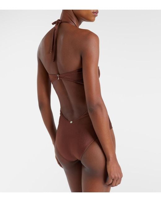 Adriana Degreas Brown Solid Chain Halterneck Swimsuit
