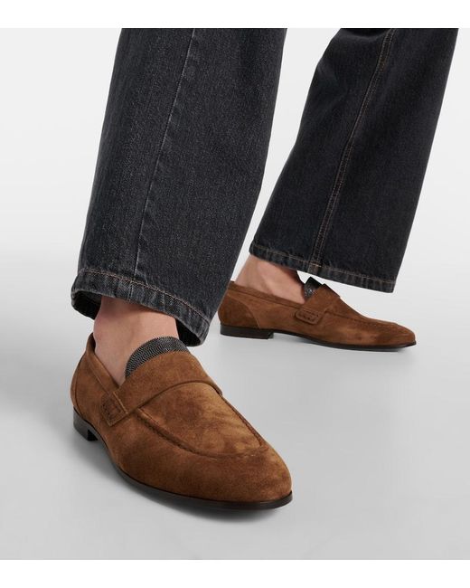 Brunello Cucinelli Brown Verzierte Loafers aus Veloursleder