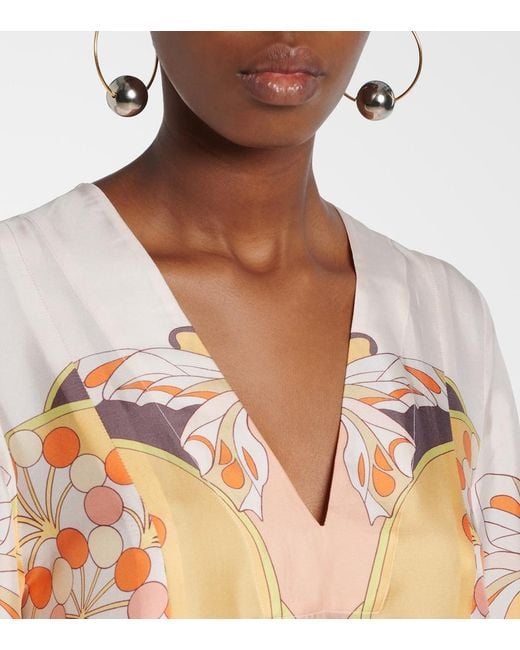 LaDoubleJ Metallic Twin Flame Printed Silk Twill Maxi Dress