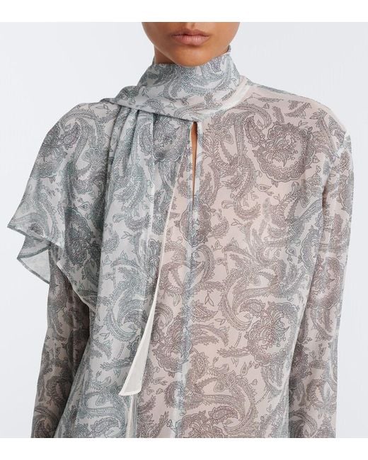 Acne Blue Caped Paisley Silk Crepe Blouse