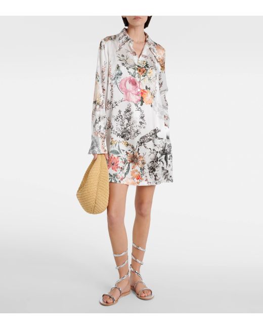 Camilla White Floral Silk Satin Shirt Dress