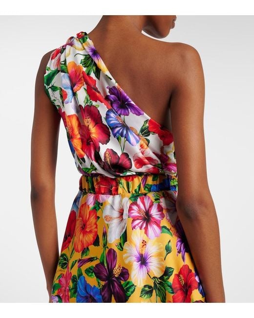 Dolce & Gabbana White Floral One-Shoulder Silk Midi Dress